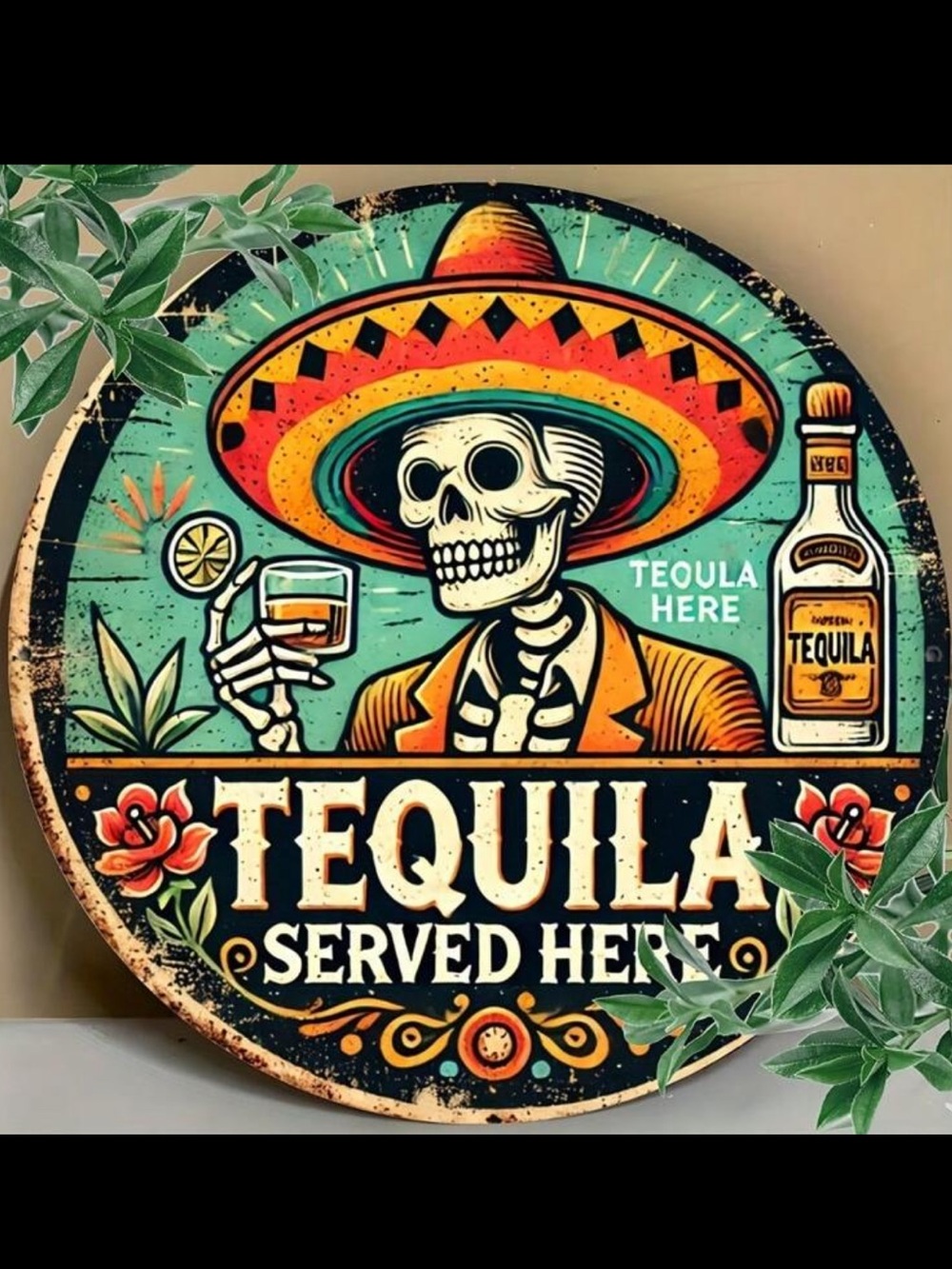 Tequila Served Here Vintage Skull Sombrero Metal Wall Decor NEW 🏷️